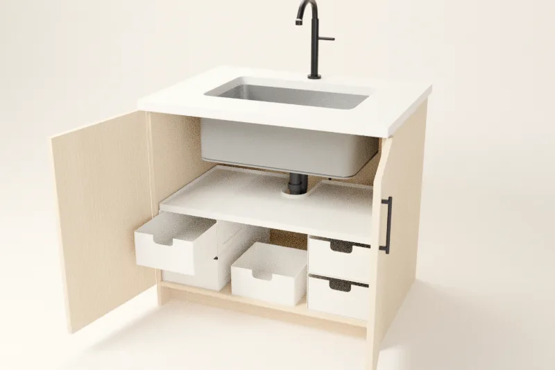 Concept: organizer that fits around the pipes under a sink